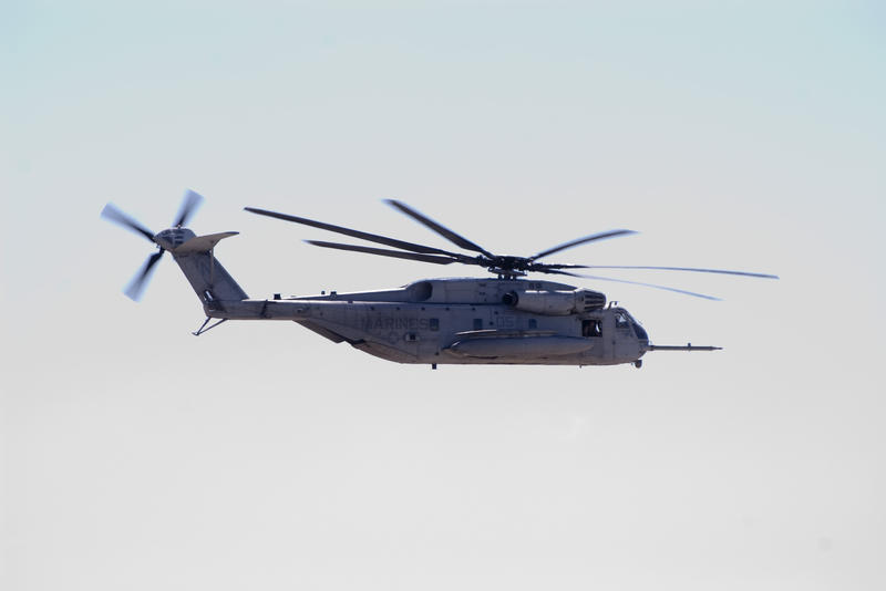A navy Sikorsky CH-53E Super Stallion helicopter in flight