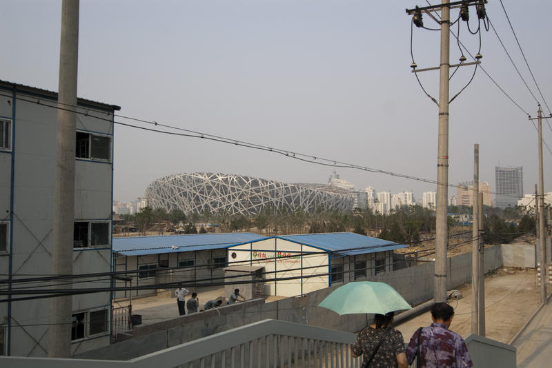 a view of the famous beijing birdsnest stadium during construction works for the olympics