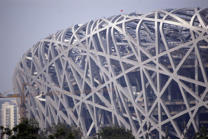 the famous beijing birdsnest stadium seen during construction before the olympics