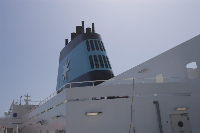 the chimney or smoke stack on a channel ferry