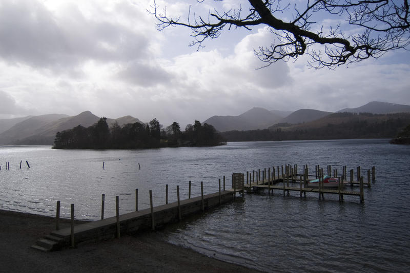 looking out over derwentwater in the english lake district on a stormy day