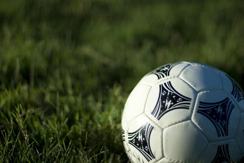 a white leather football on a grassy football pitch