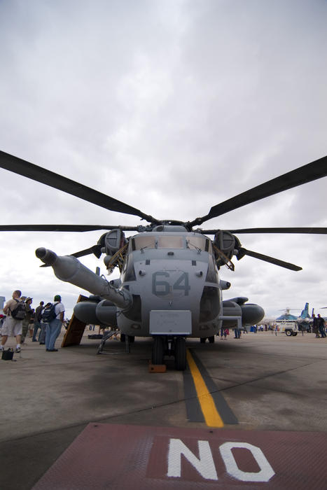 A wide angle view of the front of a Super Stallion Helicopter