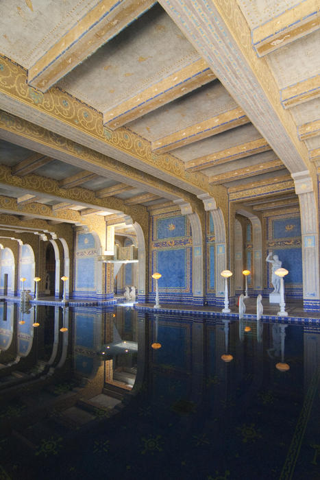 Editorial Use Only: Hearst Castle indoor roman pool, with gold and azure blue mosaic tiles