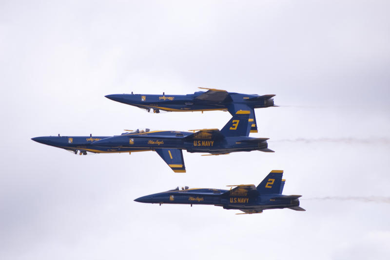 navy blueangels display team perform a fly past with two angels upside down