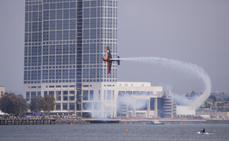 editorial use only : A plane making a tight turn in the red bull air race san diego