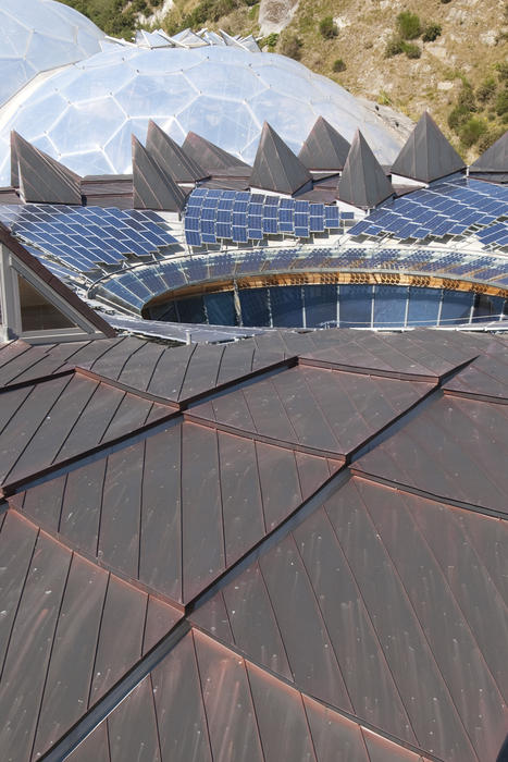 editorial use only: solar panels on the roof of the eden project, cornwall, uk