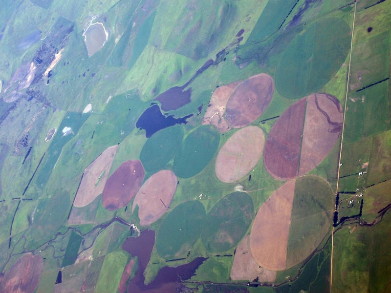 intensive agriculture, viewed from above, circles of irrigated land in trasmania