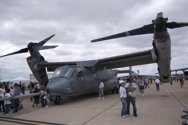 editorial use only : A Bell-Boeing V-22 Osprey the first commercialy produced tilt rotor aircraft which can perform Vertical take of and landing by rotating nacelles on the end of the wings