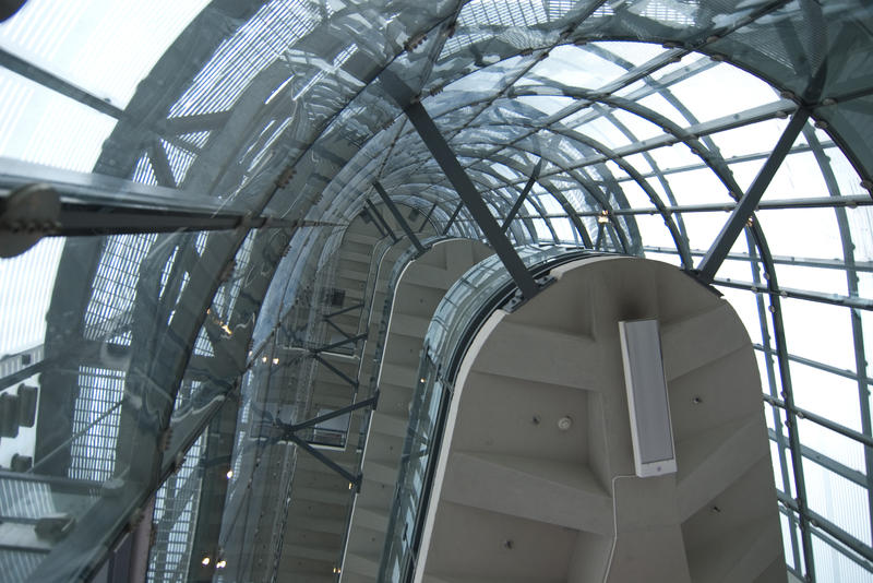 modern glass interior of the manchester urbis museum