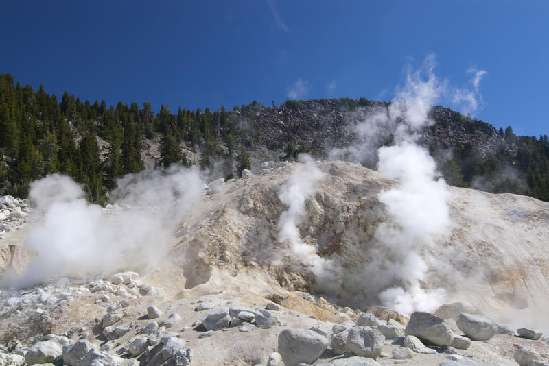 Fumeroles vent hot gas and steam at Bumpass Hell, the Lassen Volcanic National Park
