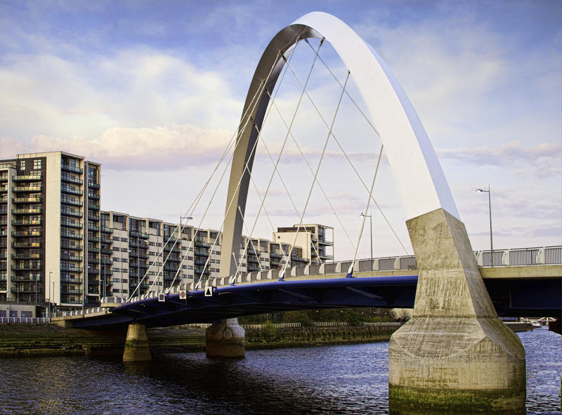 <p>&nbsp;A new road bridge across the Clyde in Glasgow, nick-named the 'Squinty Bridge' because of the unusual angle of the suspension.</p>