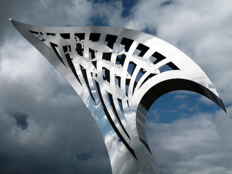 <p>Metal Sculpture at entrance to a bridge, Southport England</p>