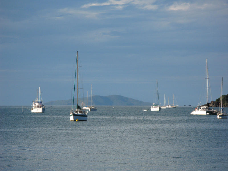 a view from airlie beach of the boats in pioneer bay, hayman island in the distanct