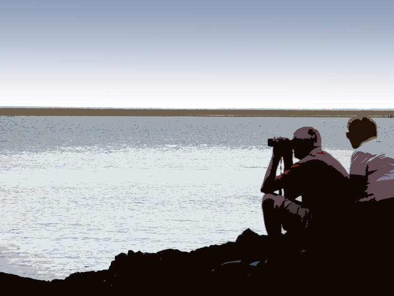 a traced image of 2 people looking through binoculars out to sea