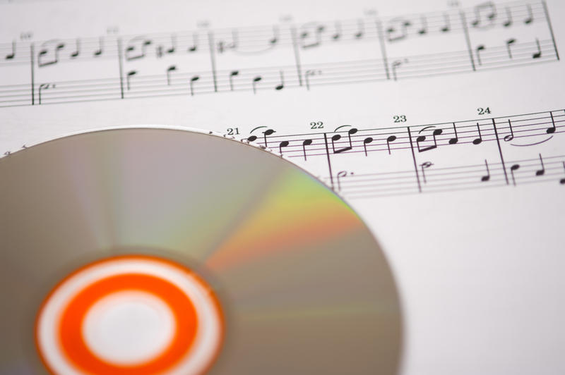 a background image of a CD resting on printed music notes with space of text