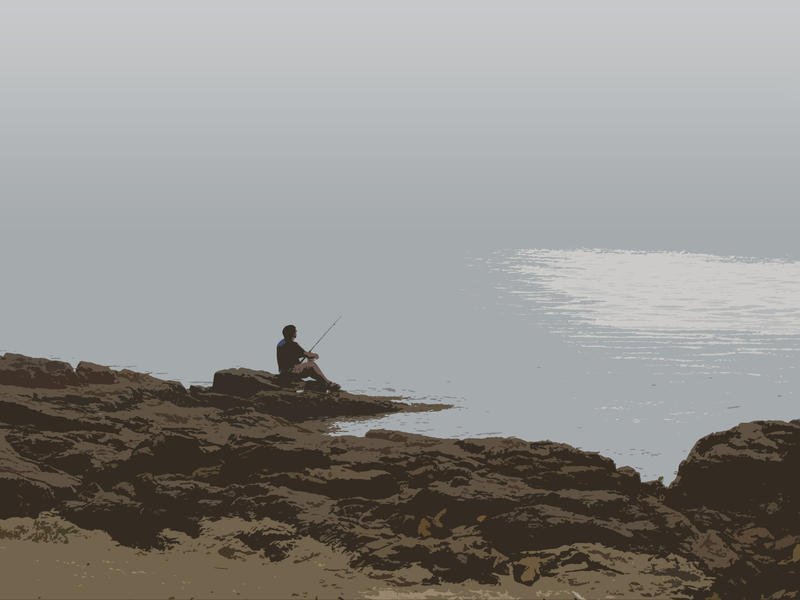 a drawing of a man sitting on a rock fishing