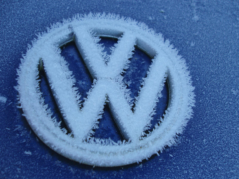 frost crystals growing on the VW badge on a classic volkswagen beetle