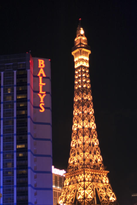 editorial use only: eiffel tower illuminated at night - paris casino las vegas