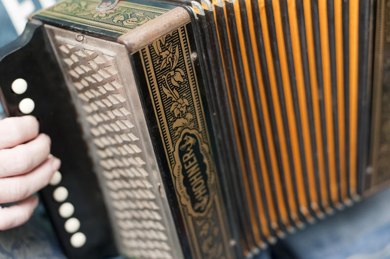 fingers pressing musical keys while playing the accordion