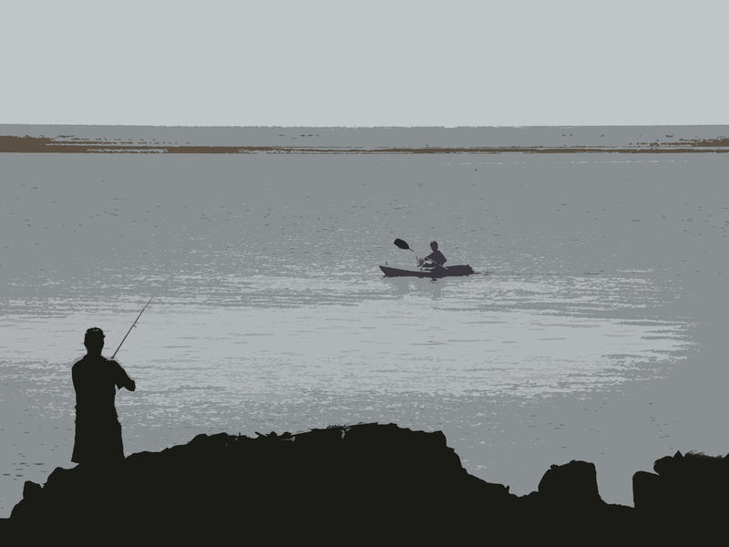 a silhouette illustrated image of a fisherman and kayaker on the water