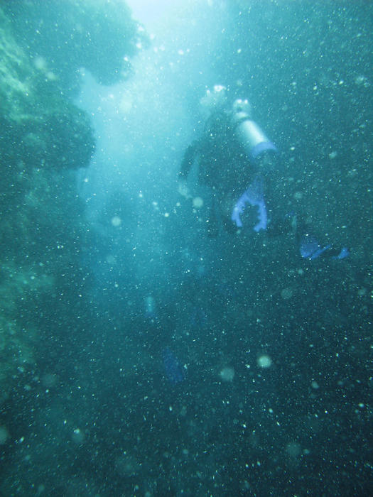 a diver swiming in poor visibility underwater