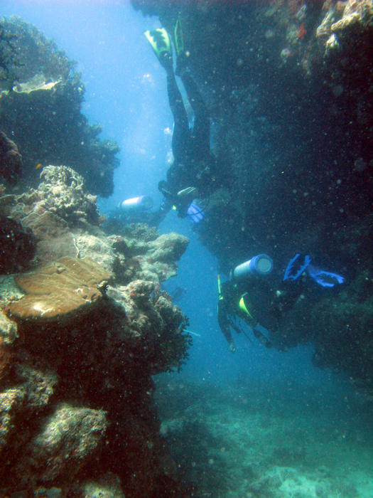 diver swimming between two large bommies on a coral reef