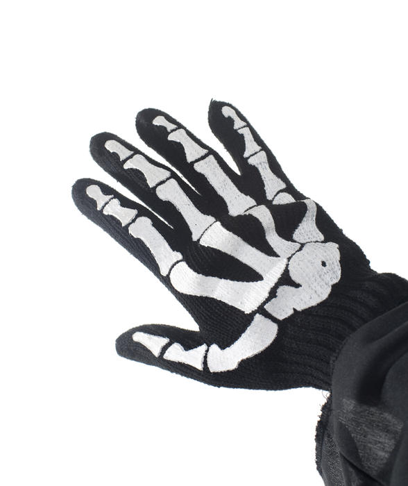 hand in a glove with a skeleton bone print on it