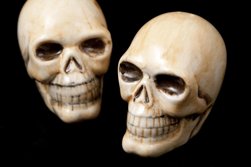 a couple of halloween ornamental skulls on a black backdrop