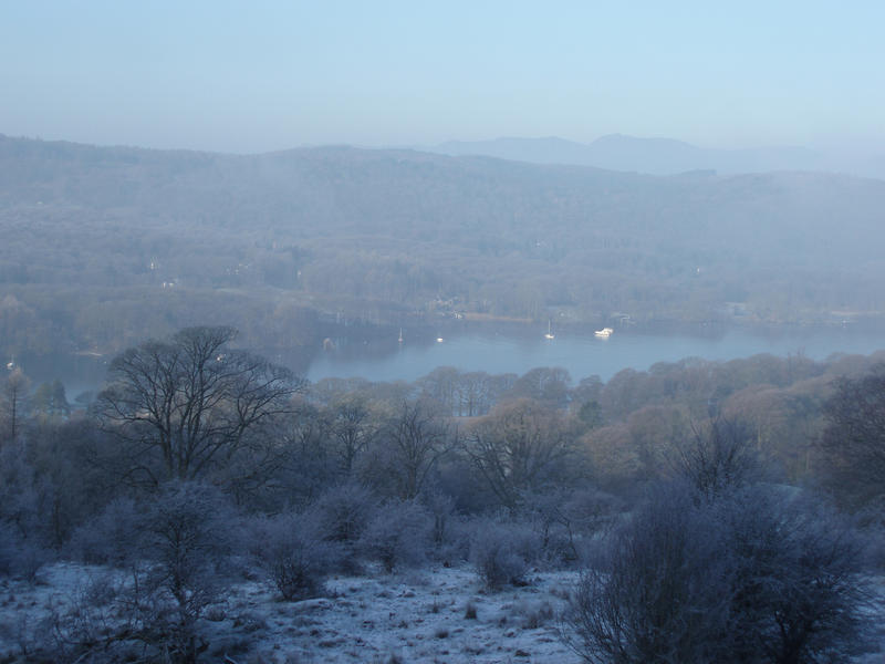 lake windermere on a cold and misty winter morning