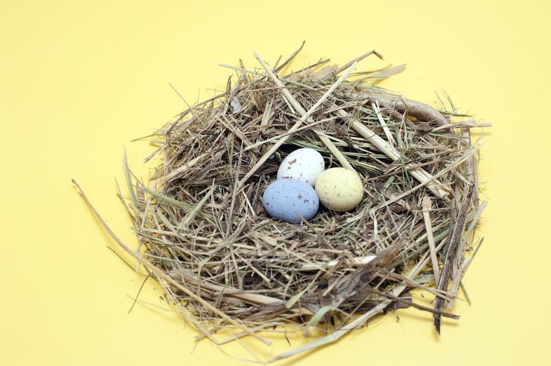 Three small coloured candy Easter Eggs in a fresh straw nest on a yellow background
