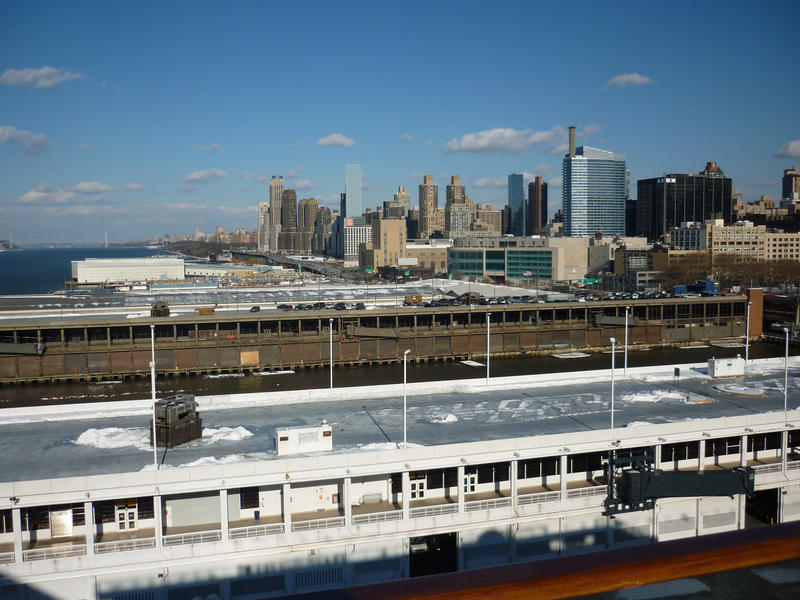 west side of manhattan island viewed from a cruise ship terminal pier