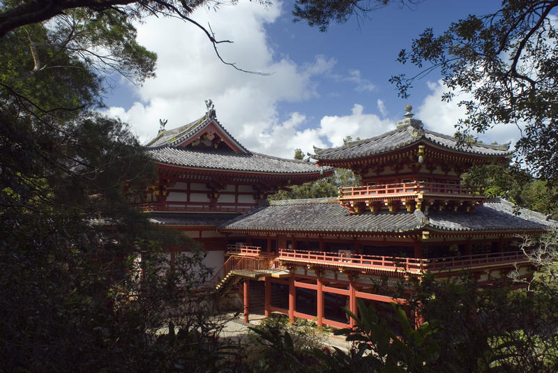 traditional buildings at the replica of the Byodo-In Buddhist Temple in Hawaii.