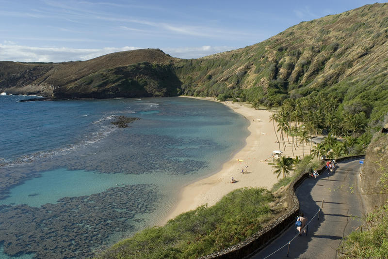 Hanuma Beach, sheltered sand, blue waters and coral reef, oahu, hawaii