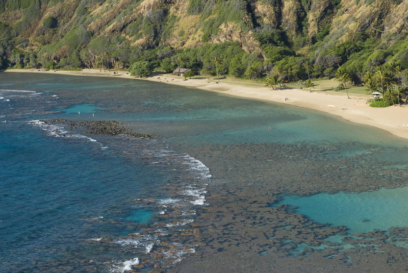 idyllic horsehoe shaped bay and corals encloses Hanuma Beach, oahu, hawaii