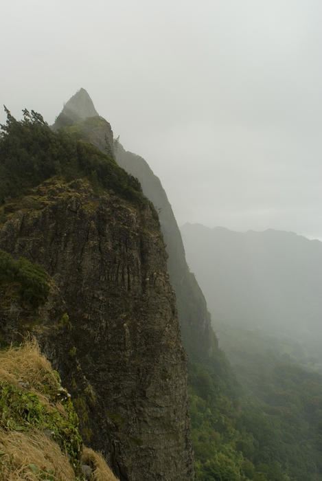 misty view from the Pali Lookout, Oahu, Hawaii