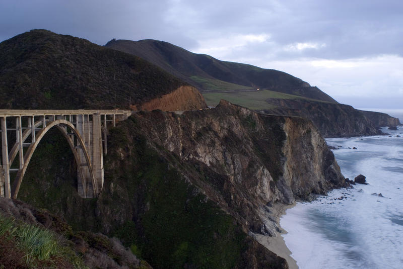 re-enforced concrete arch bridge built in 1932, one of the most photographed bridges on the california coast