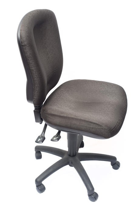 Comfortable modern moveable black office chair on wheels with adjustable seating isolated on white