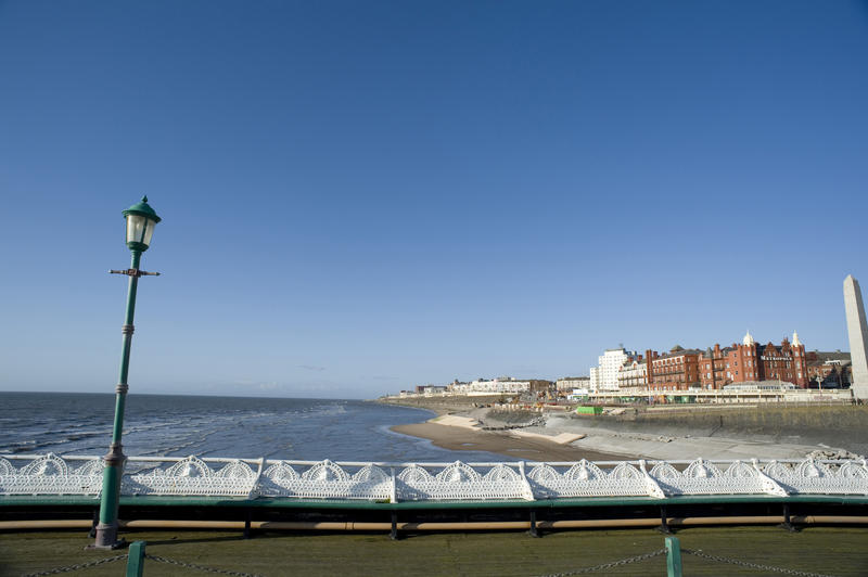 View from the Blackpool North Pier of the city waterfront building in Blackpool, Lancashire, England