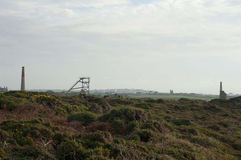 Cornish tin mining landscape near Botallack which forms part of the Cornwall and West Devon Mining Landscape World Heritage Site with the ruins of the mines and their headgear visible on the skyline