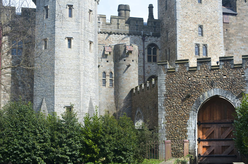 Cardiff Castle and the Barbican Tower which now houses a Welsh military museum