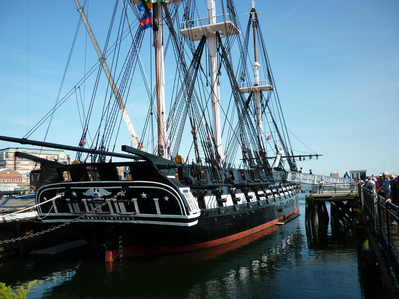 USS Constitution Frigate, a historical three-masted frigate in the possession of the US Navy, now a museum ship, in harbour in Boston
