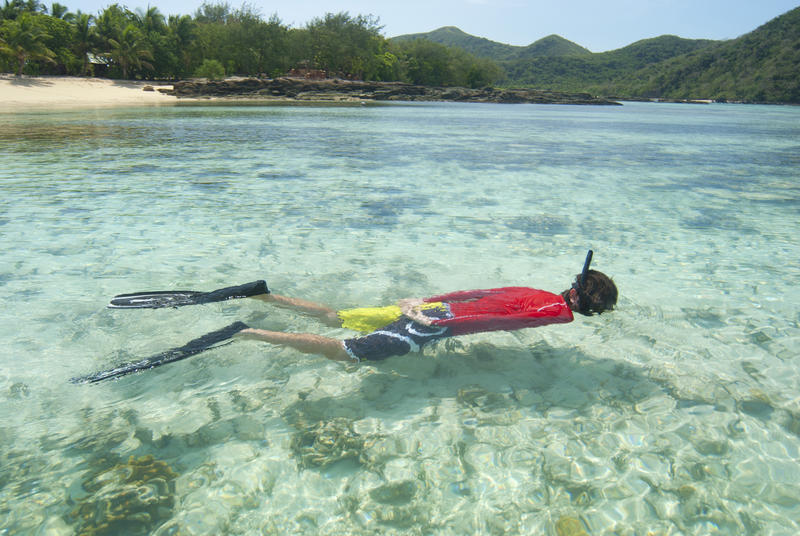 Man snorkeling in clear blue water off the shores of a lush green tropical island with a sandy beach