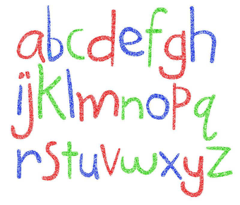 Handwritten crayon alphabet on a white background to teach young children the lowercase letters