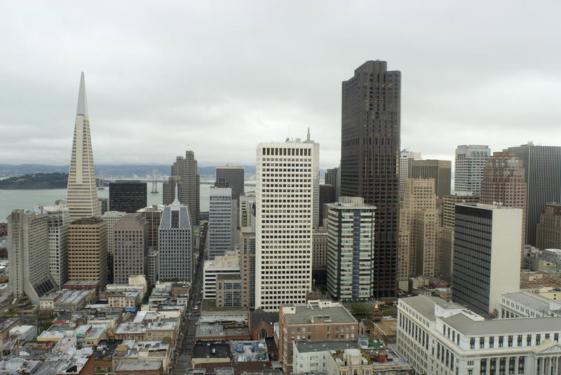 a cloudy day view of the distinctive skyline of san franciscos finanical district