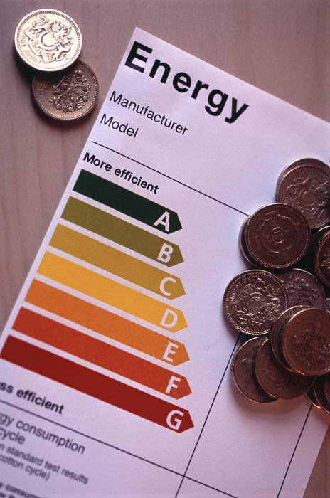 an appliance energy efficiency rating label with a stack of english money