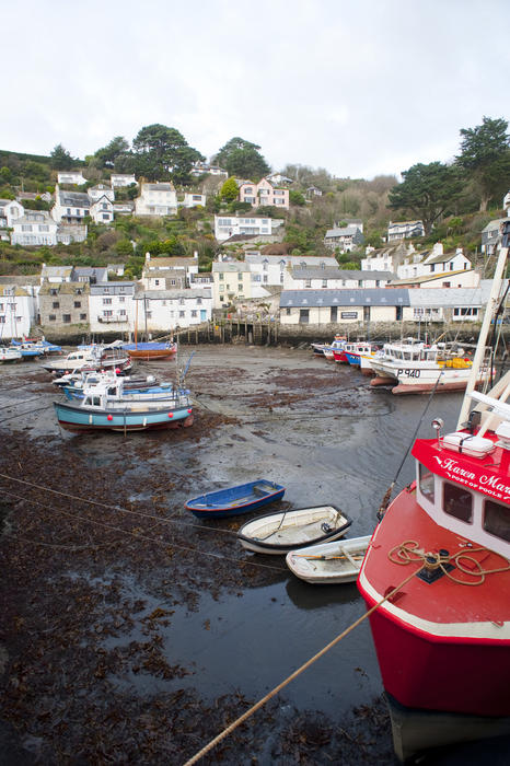 View over the fishing boats beached on the sand during low tide in the harbour to the picturesque white-washed cottages straggling up the hill in Polperro, Cornwall