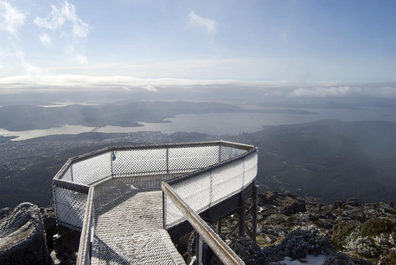 viewing platform on the summit of mount wellington covered in frost, tasmania