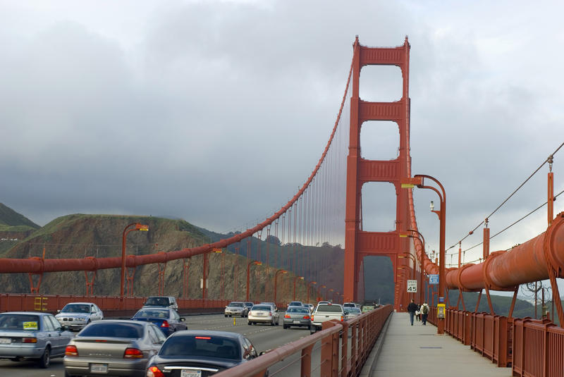 line of traffic leaving the city on the golden gate bridge, highway 1, california