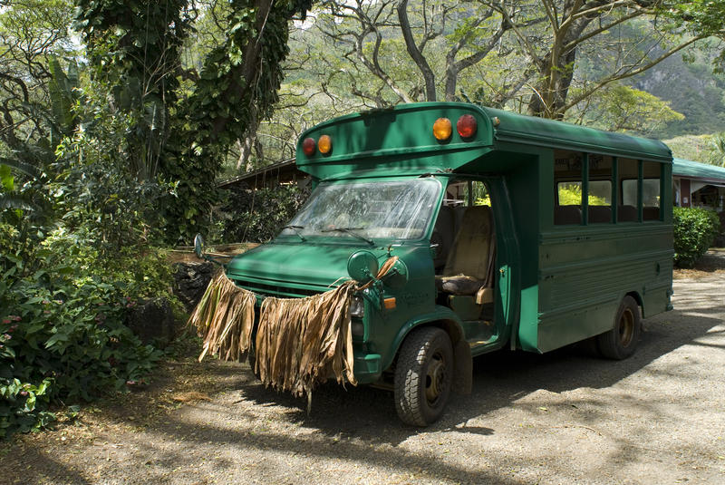 A green pained school bus with a grass skirt, Oahu, Hawaii, USA